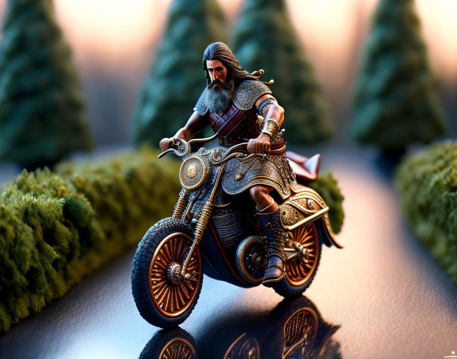 Fantasy warrior on stylized motorcycle with medieval armor in pine tree setting