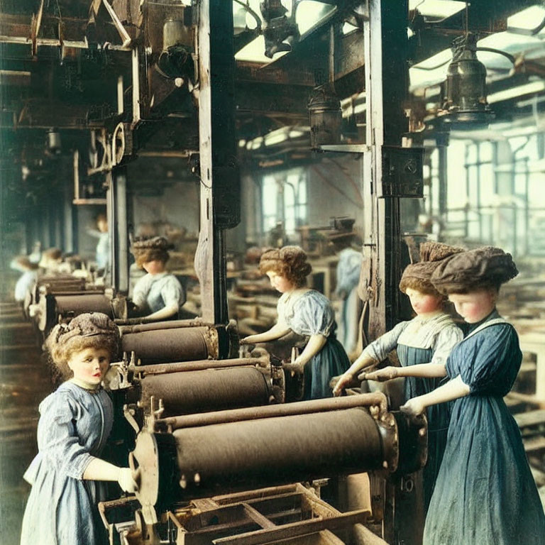 Female workers operate machinery in early 20th-century industrial setting