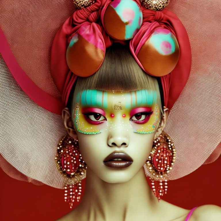 Colorful digital art portrait of a woman with extravagant makeup and ornate earrings on red background