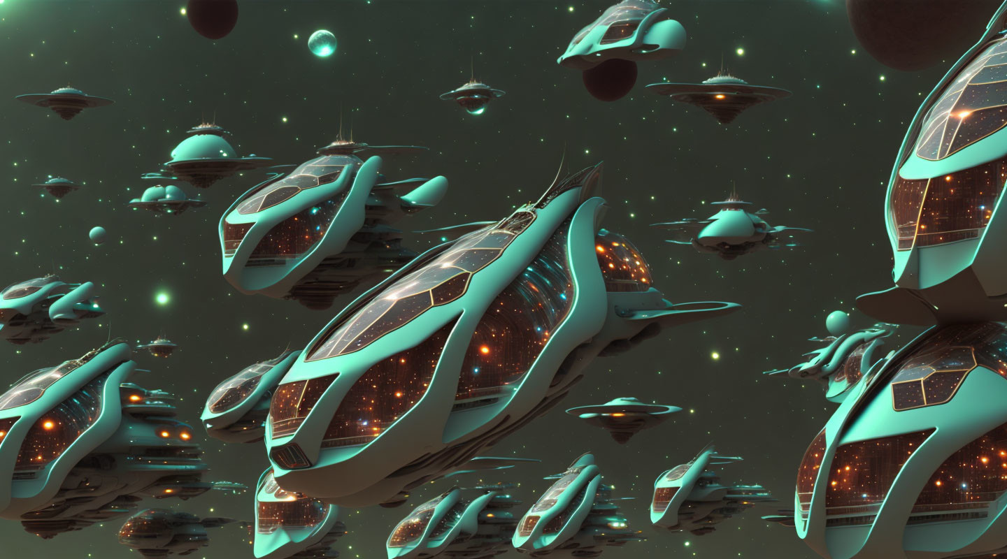 Futuristic fleet of glowing windows spaceships in starry space