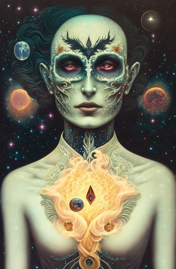 Mystical woman with cosmic tattoos and starry eyes surrounded by celestial bodies.