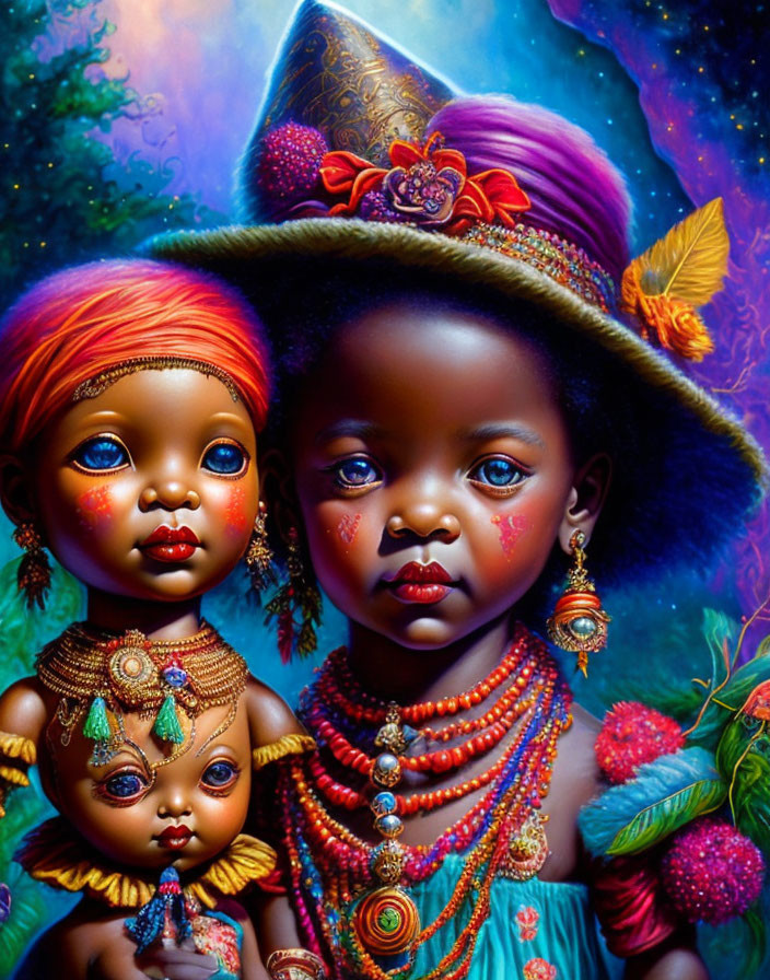 Colorful whimsical dolls with intricate jewelry on cosmic background