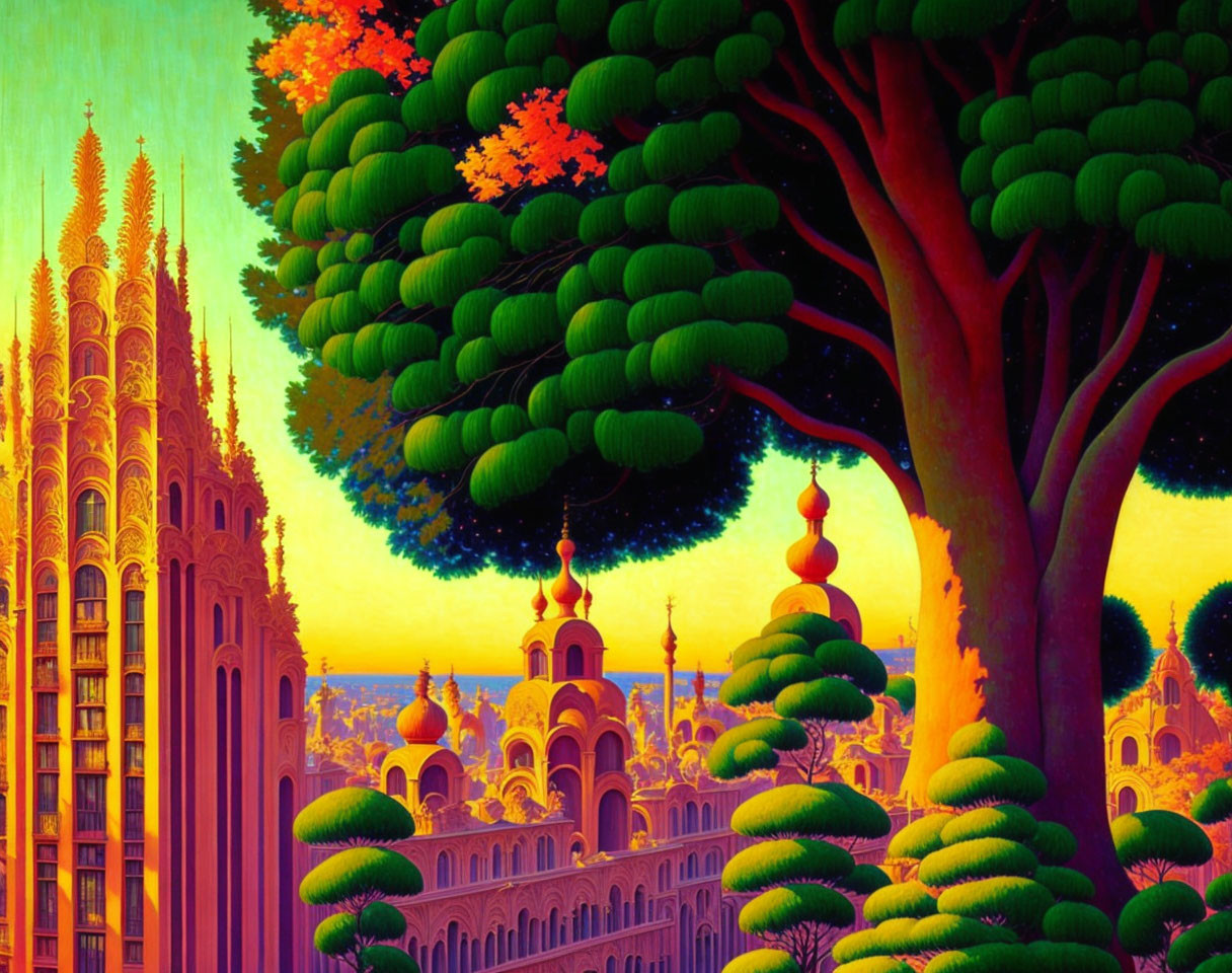 Colorful landscape with stylized trees, castle, and onion domes under sunset sky