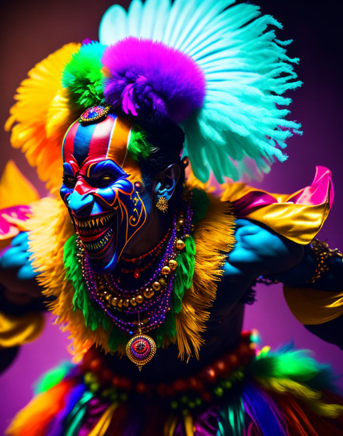 Colorful portrait with elaborate costume makeup and feathers on purple background