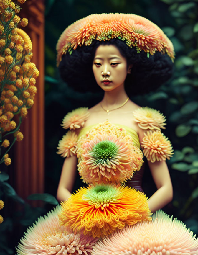 Woman in vibrant floral dress and headpiece against lush green backdrop