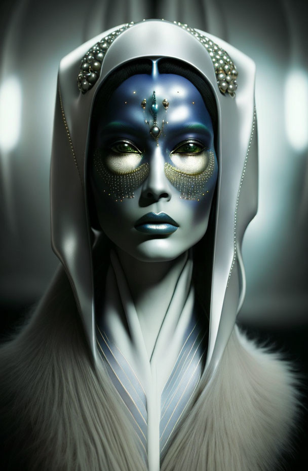 Blue facial paint and gold embellishments on a futuristic portrait.