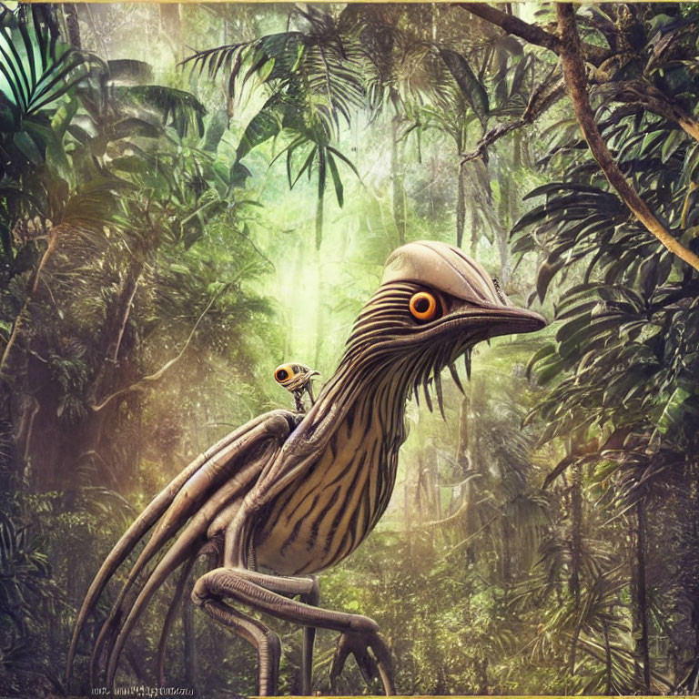 Surreal creature with striped patterns in misty jungle with butterfly.