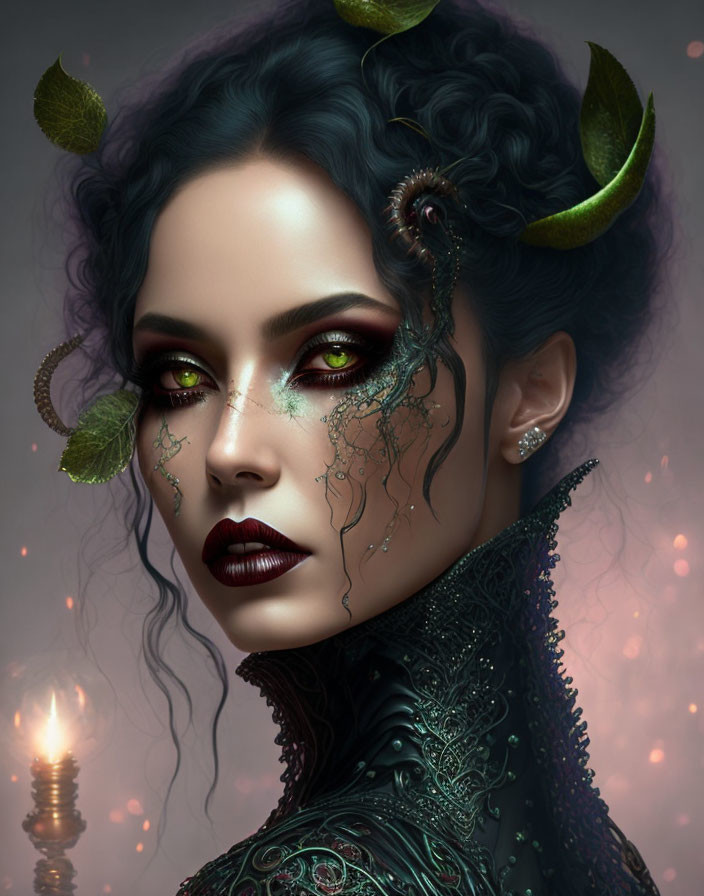 Fantasy portrait of woman with dark hair, horns, green and gold makeup, ivy accents,