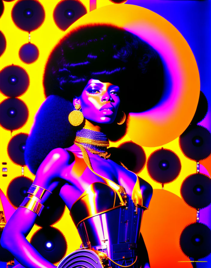 Model with large afro, bold makeup, metallic attire on colorful backdrop.