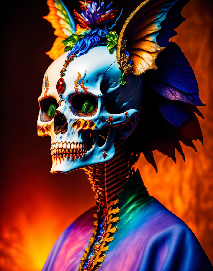 Vibrant Blue and Purple Skull Art with Floral and Jewel Accents