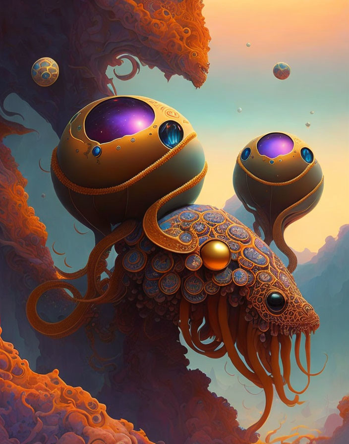 Vibrant digital art: Octopus-like creatures with metallic shells in alien landscape