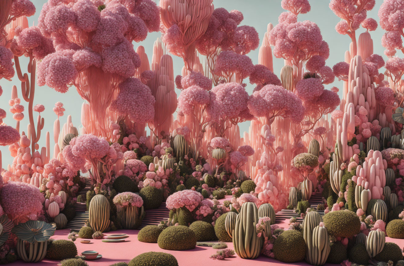 Pink-toned forest with textured trees and plants in fantasy landscape