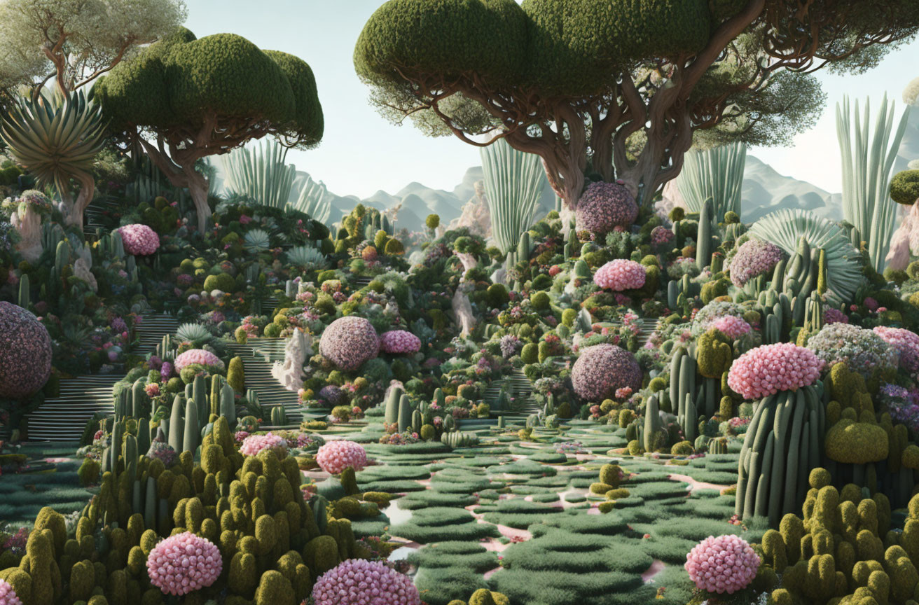 Fantasy landscape with pink blossoms, greenery, and whimsical trees