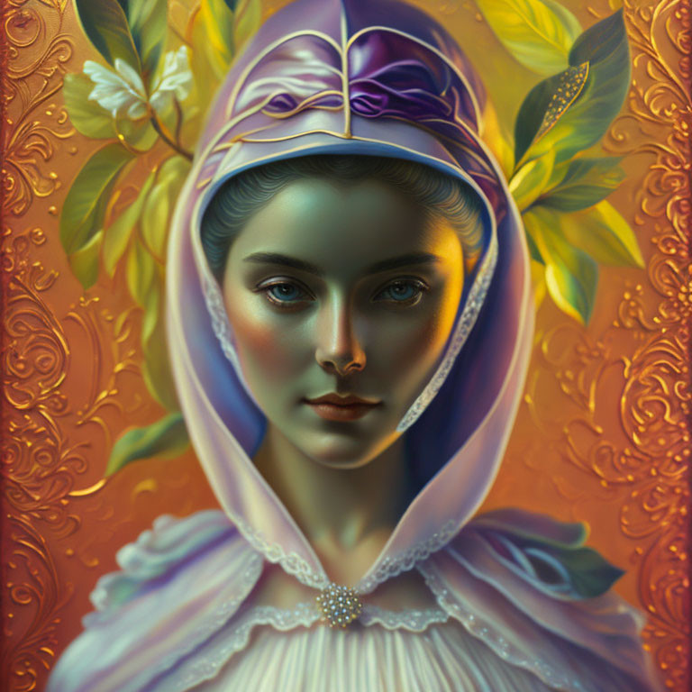 Digital painting of woman in purple hood and white dress on gold floral backdrop.