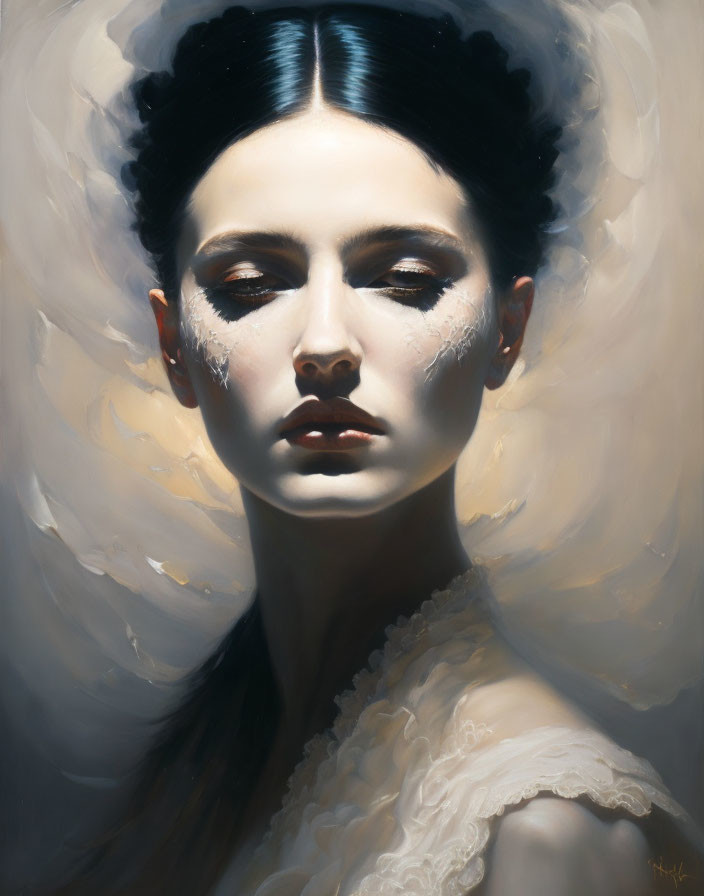 Portrait of Woman with Dark Hair Updo and Ethereal White Makeup