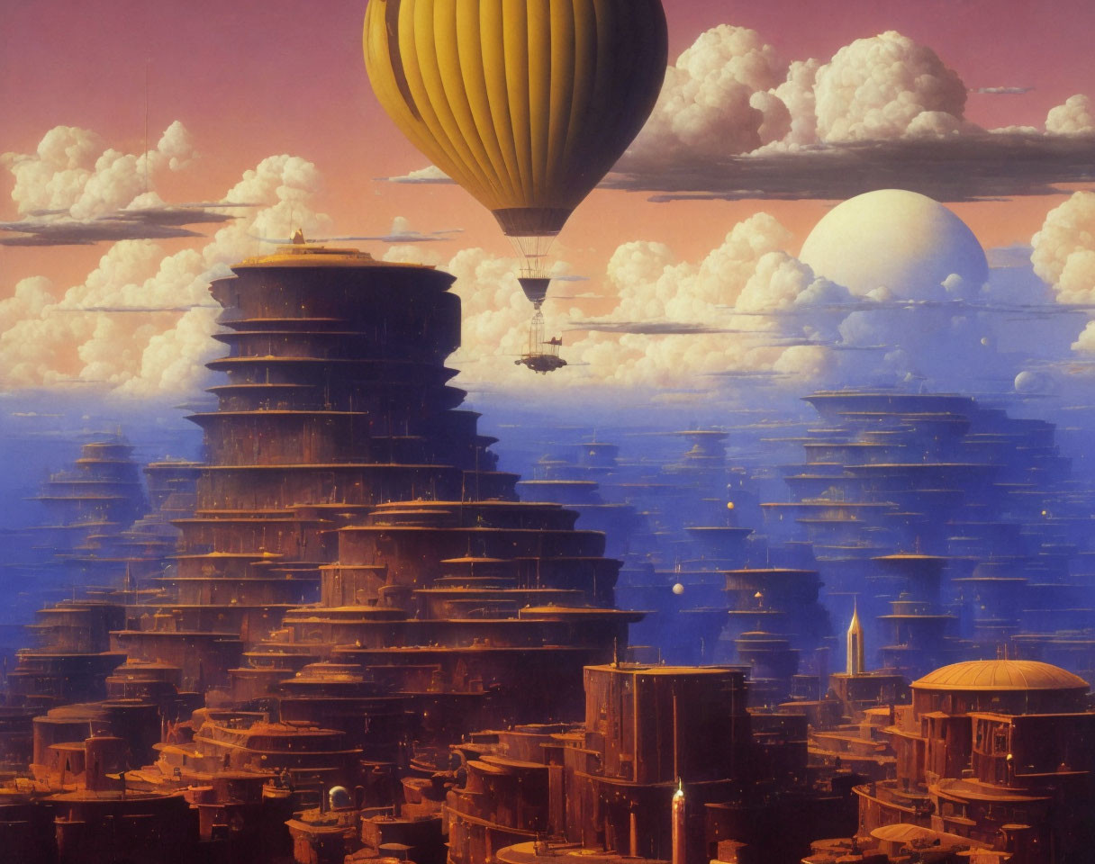 Fantastical cityscape with layered towers, hot air balloon, sunset sky, and large moon