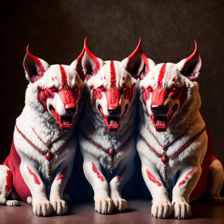 Three white-furred mythical canines with red tribal patterns on dark background