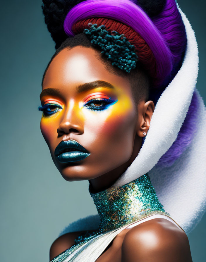 Woman with Vibrant Artistic Makeup and Colorful Hairdo