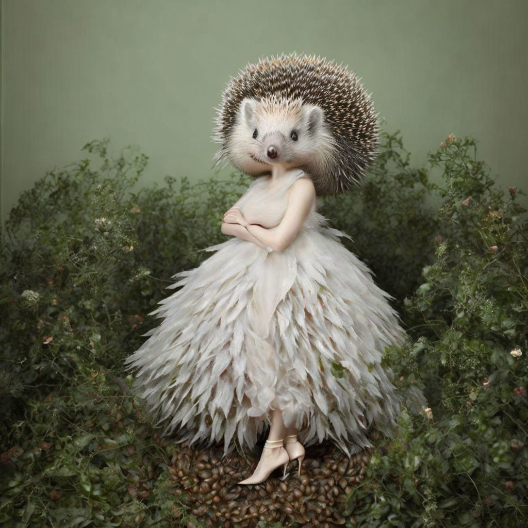 Whimsical hedgehog with human body in feathered gown among greenery