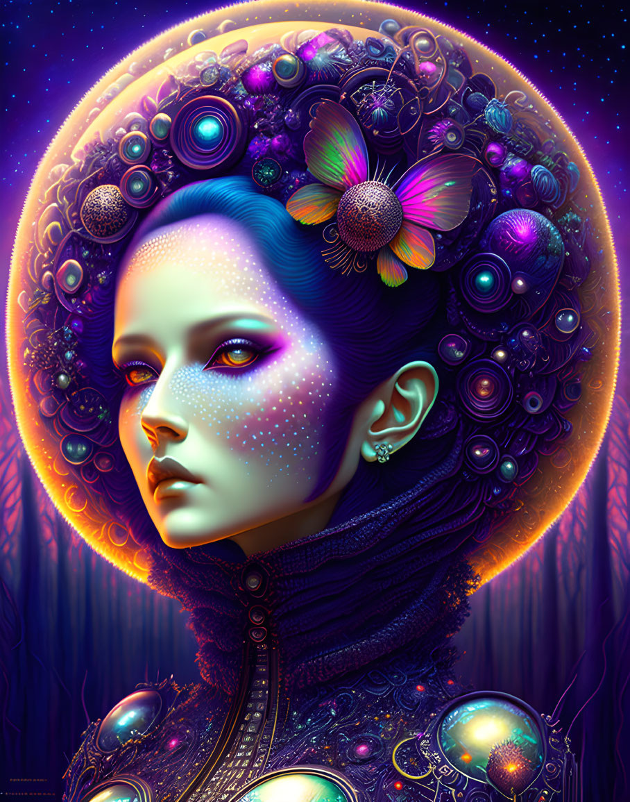 Vibrant digital art portrait of woman with cosmic and floral elements