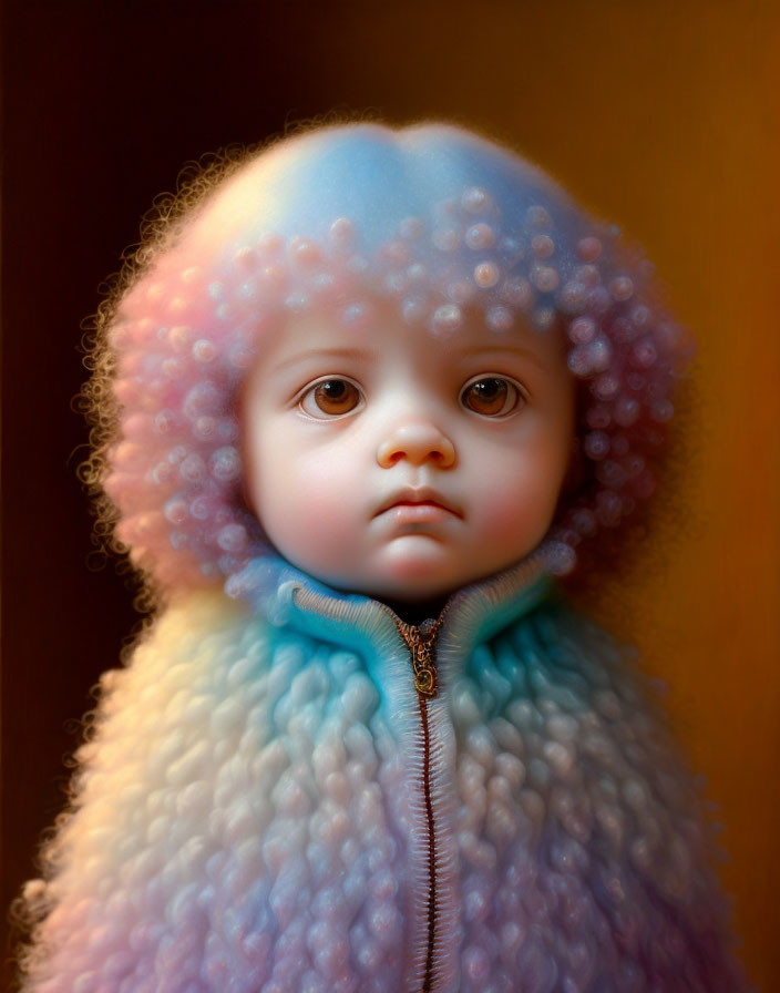 Colorful surreal portrait of child with bubble cluster hair, large eyes, and zipped jacket.