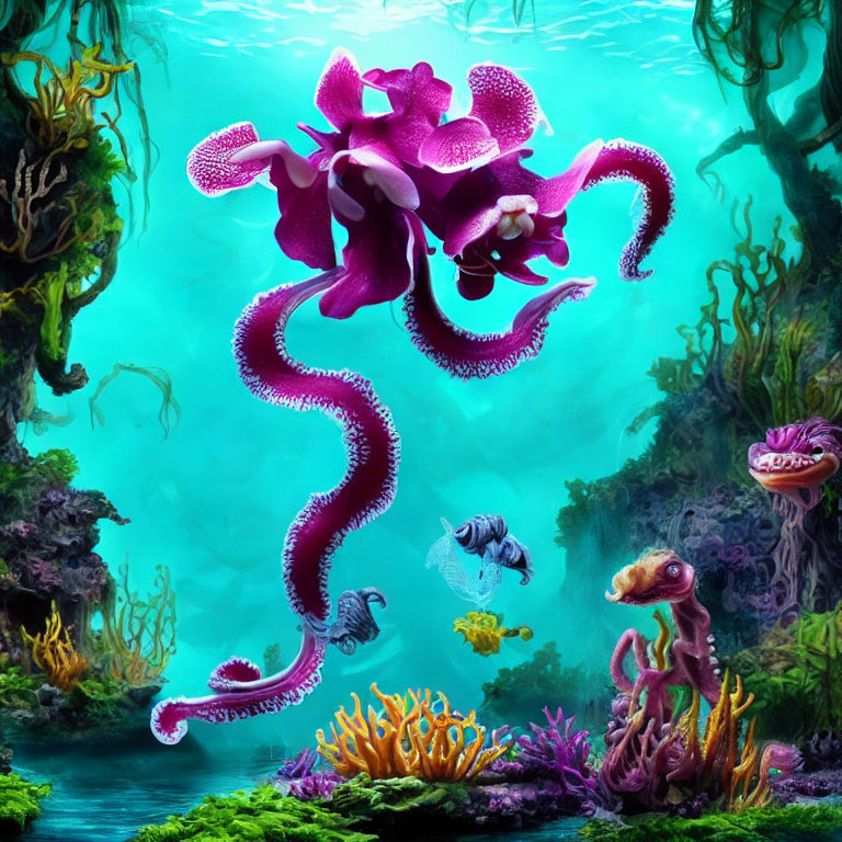 Colorful underwater scene with fantastical purple octopus-like creature