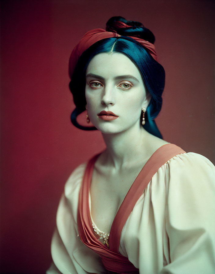 Blue-haired woman in updo with red turban, cream and orange dress, against red backdrop