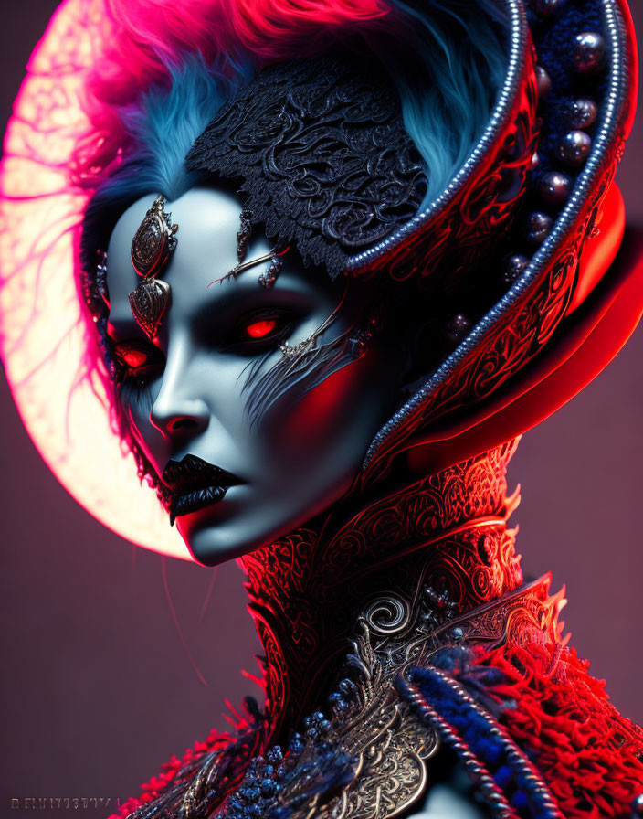 Blue-skinned fantasy character with red eyes and elaborate headgear in red and black attire on gradient background