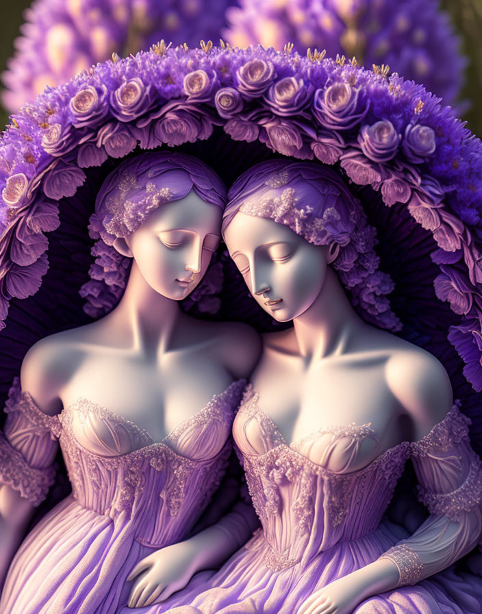 Stylized figures in lavender gowns embrace under purple flower arch