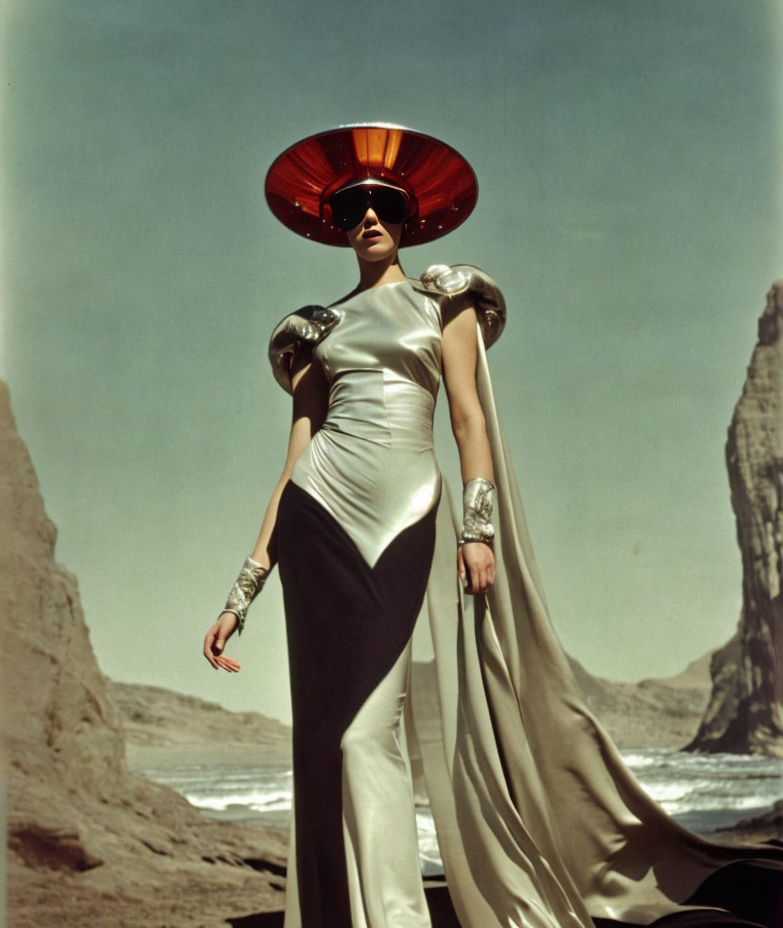 Futuristic silver costume and red sunhat on rocky beach under clear sky