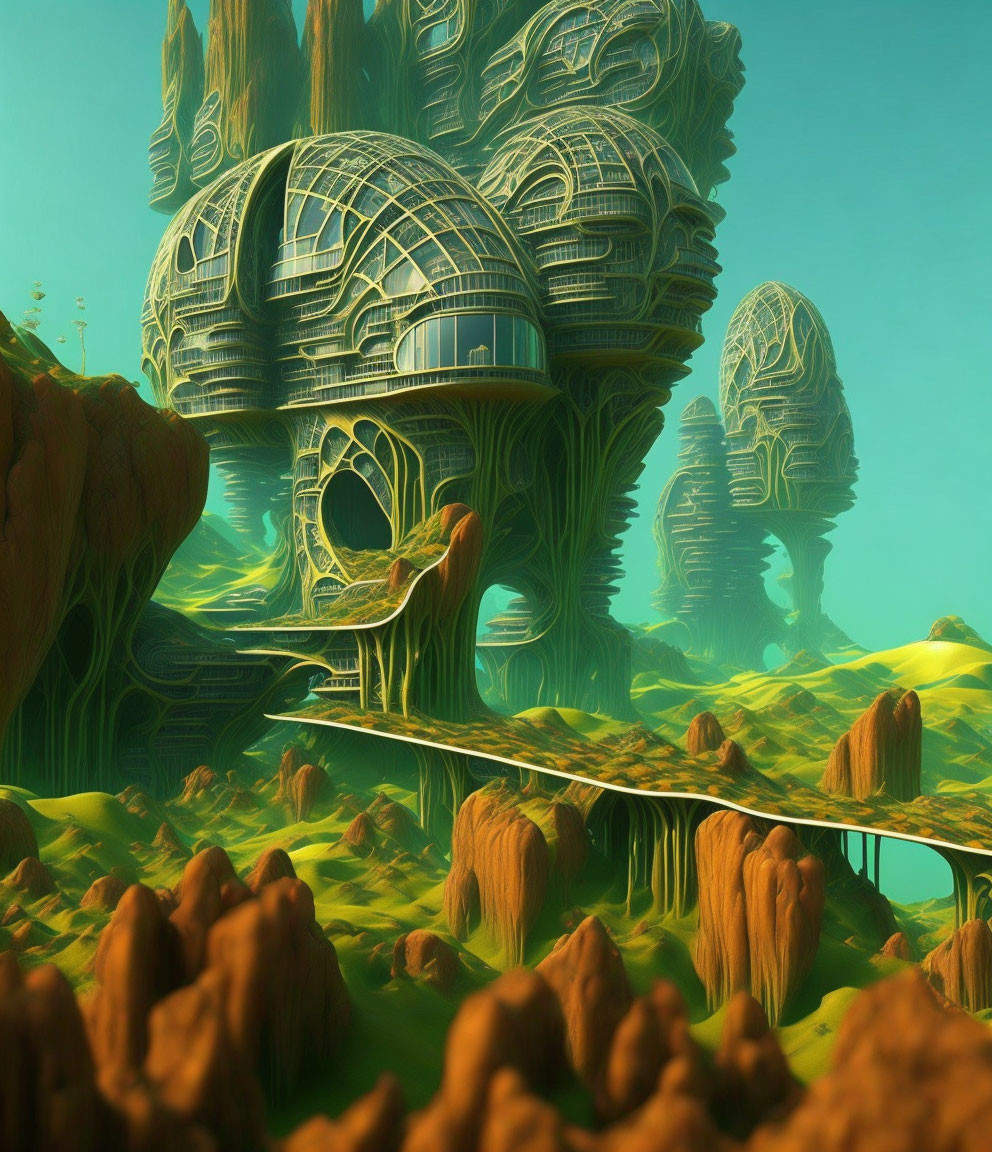 Green domed structures on organic rock formations in alien landscape