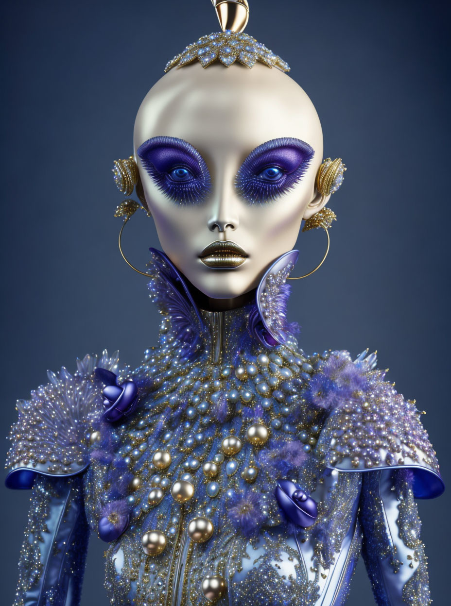 Metallic futuristic mannequin with purple eyes and blue floral details on grey background