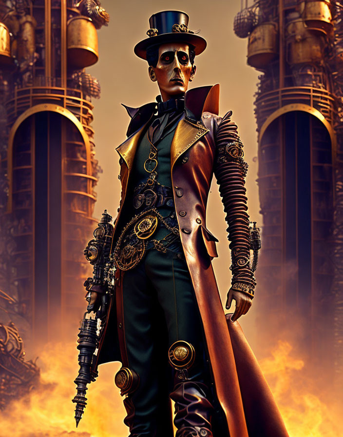 Steampunk character with top hat and mechanical arm in digital art.