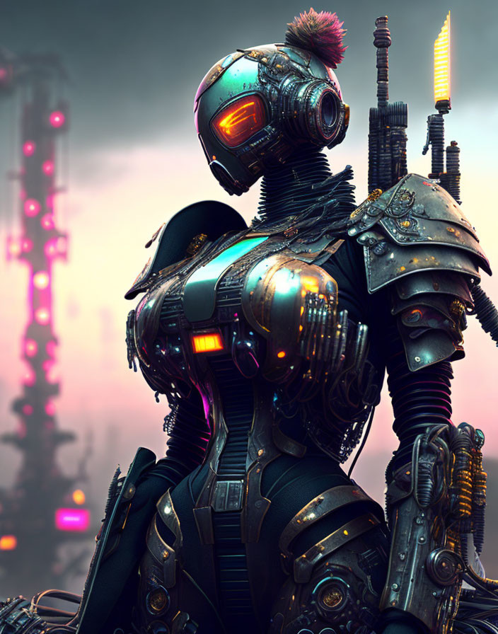 Detailed Armored Robot Against Glowing Cityscape