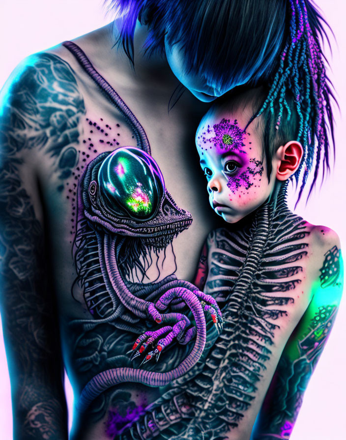 Digital Artwork: Person with Elaborate Tattoos Holding Alien Creature