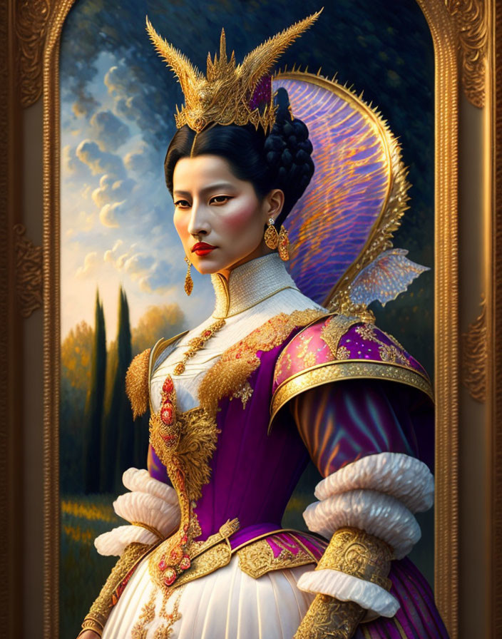 Regal woman in historical attire with golden crown in ornate frame