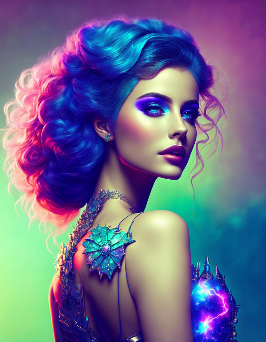 Vibrant blue and purple hair woman with bold makeup and jewel shoulder accessory against neon background