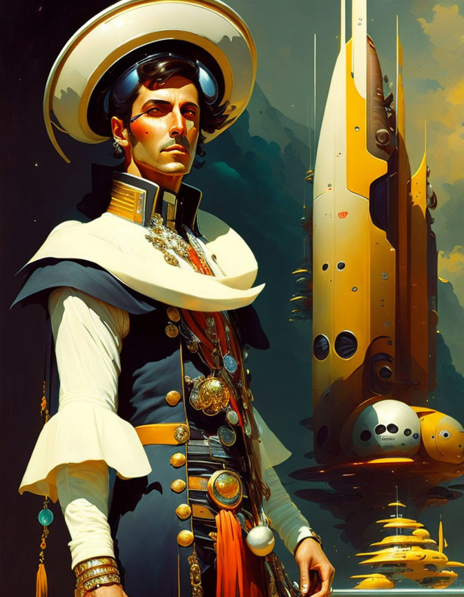 Futuristic illustration of man in vintage military attire with spacecrafts