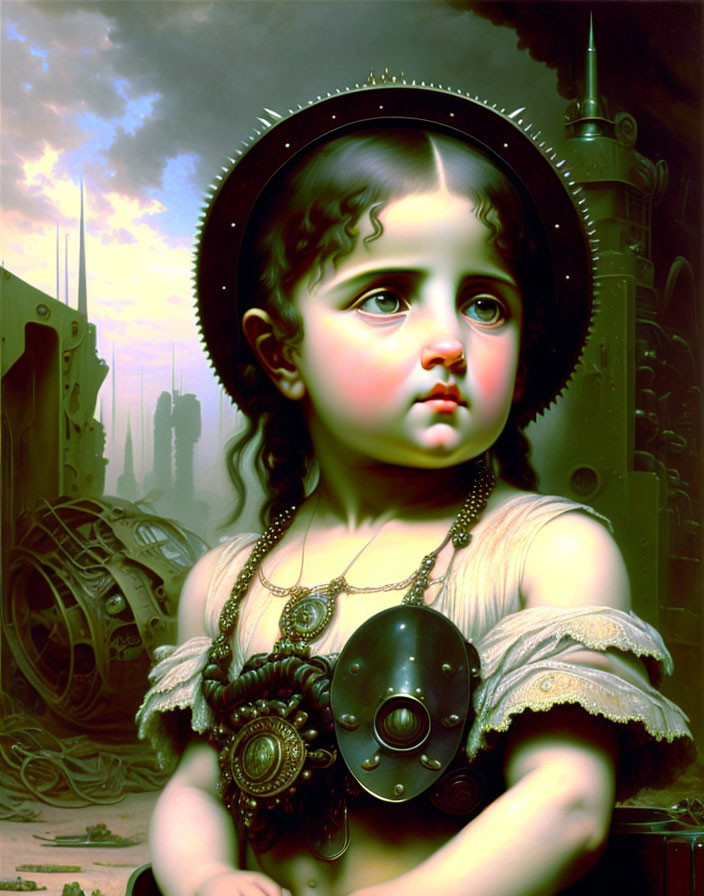 Surreal portrait of child with expressive eyes and futuristic metallic accessories against industrial backdrop