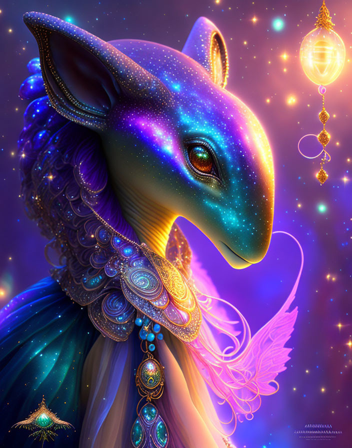 Starry fox creature adorned with elegant jewelry in cosmic setting