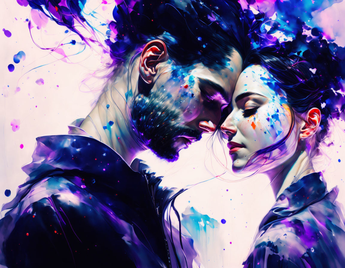 Vibrant digital artwork: man and woman embrace in cosmic colors