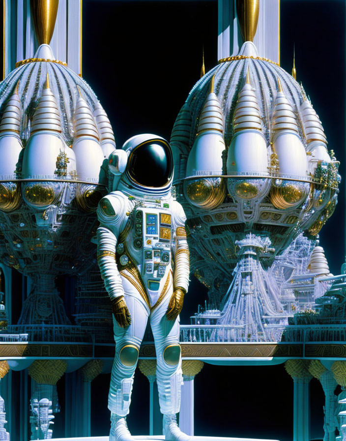 Astronaut in front of futuristic golden and white space city