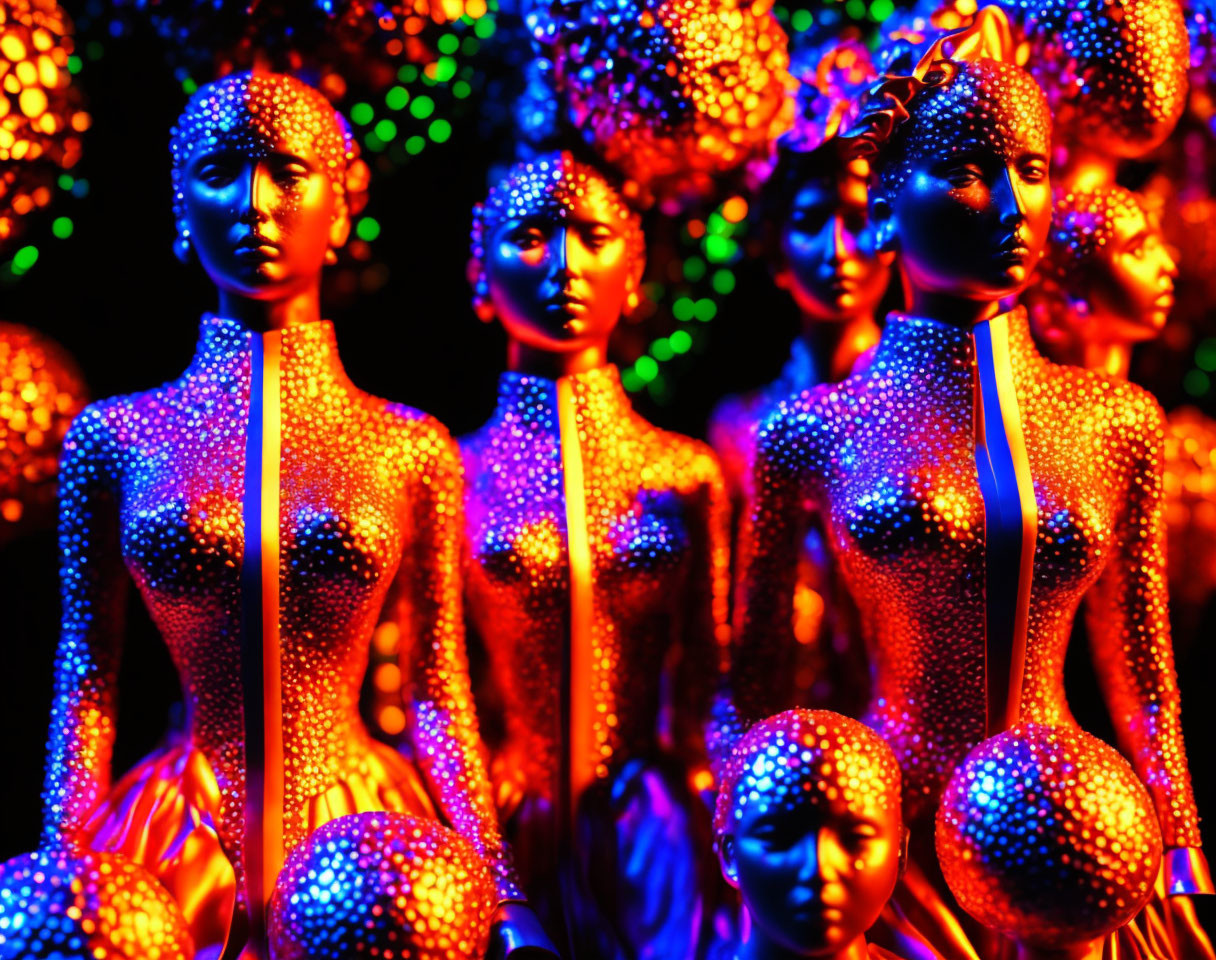 Colorful, bejeweled mannequins under neon lights create surreal display