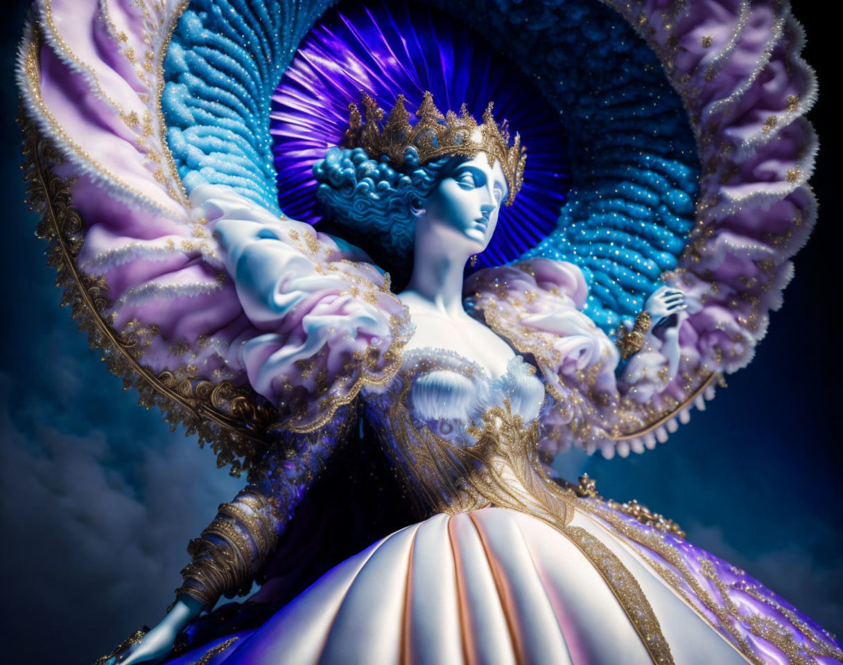 Elaborate Blue and Purple Costume with Regal Crown and Ruff Collar