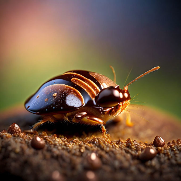 Shiny brown beetle with water droplets on textured surface