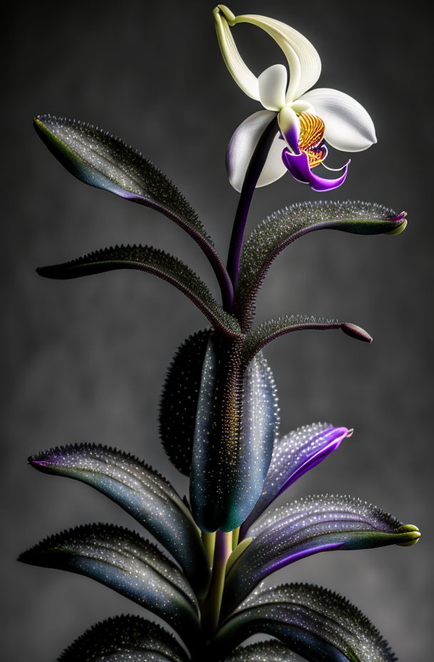 White and Purple Orchid with Dew-Covered Dark Leaves on Grey Background