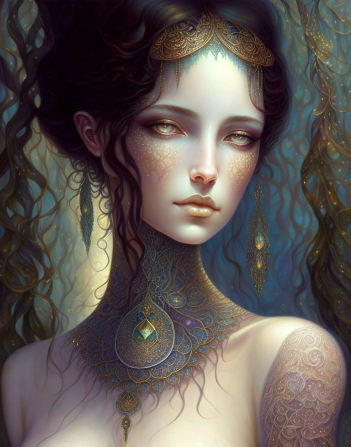 Illustration of woman with gold jewelry, wavy hair, serene expression, and skin tattoos.