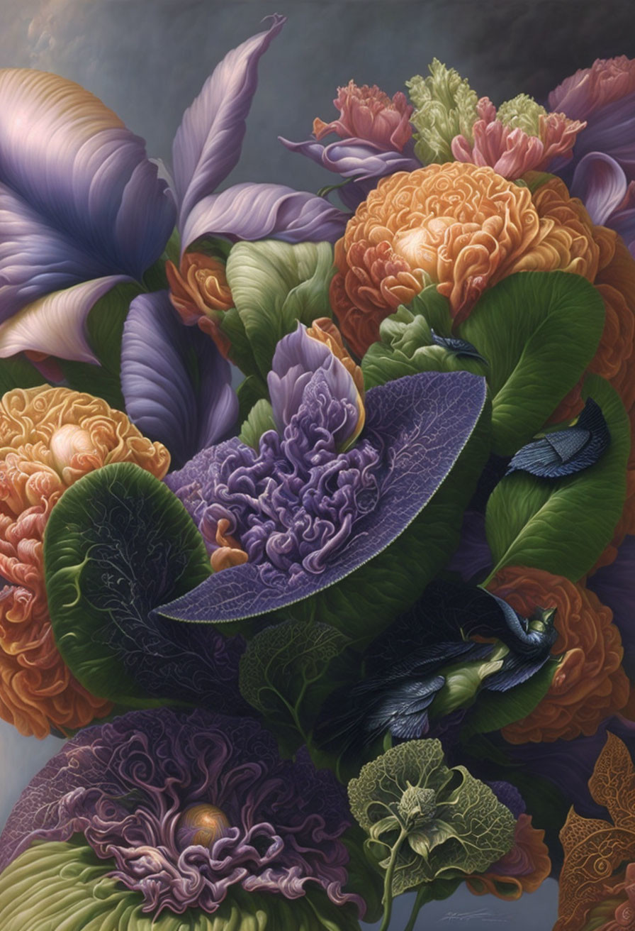 Detailed Hyper-Realistic Flower Bouquet Illustration in Purple, Orange, and Green