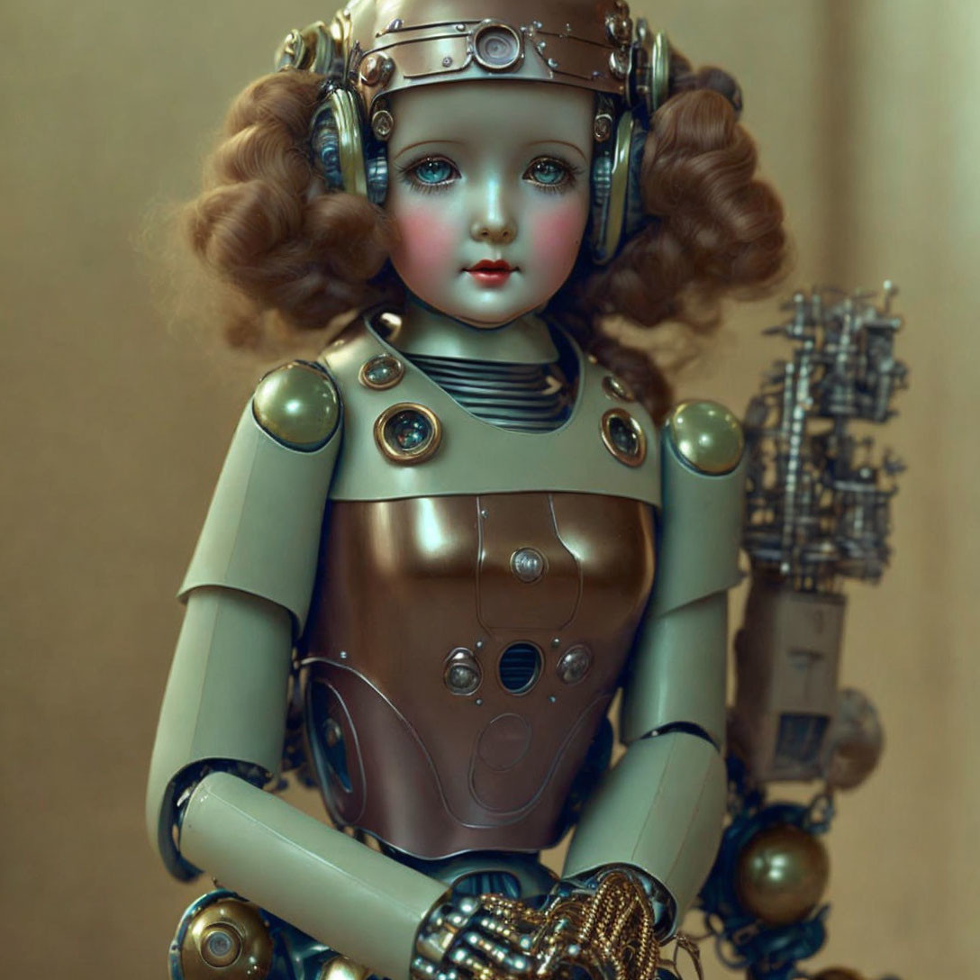 Porcelain-faced doll-like robot with steampunk helmet and metallic body