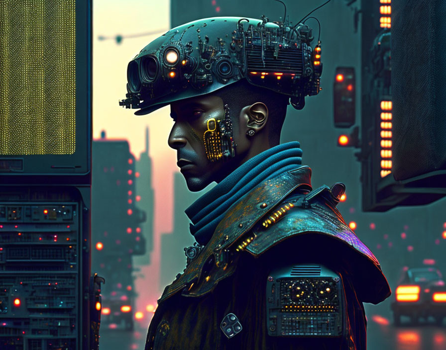 Futuristic cybernetic person in cityscape with glowing lights